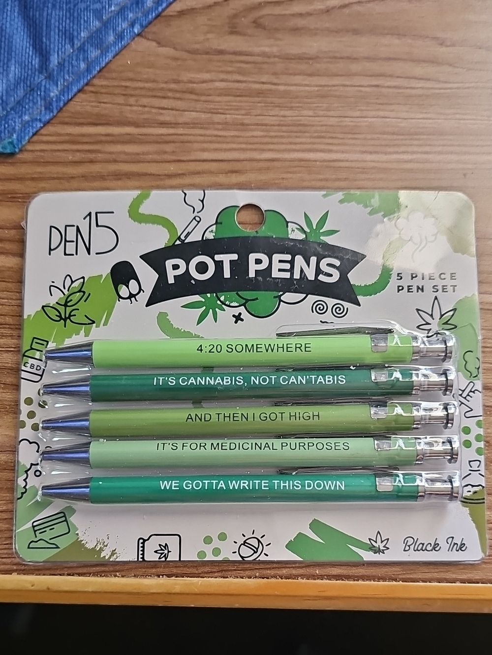 New Pot Pens 5-Piece Green Pen Set - 'Pot Pens' Cheeky Sayings